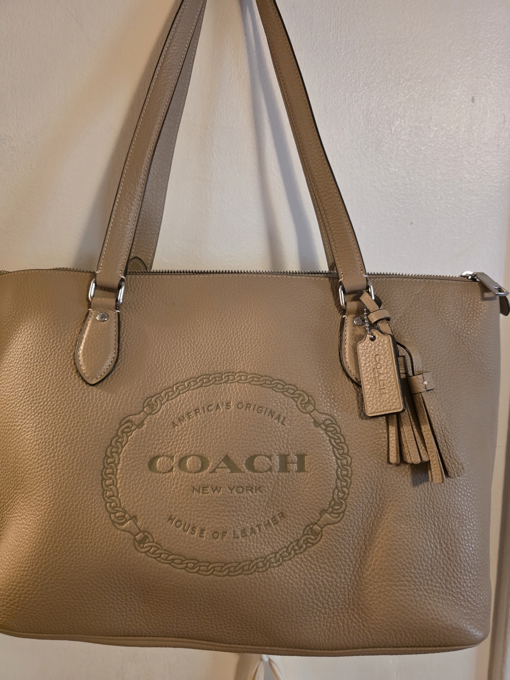 Coach Taupe Leather Logo Tote with Tassel Charm